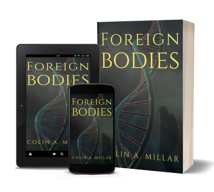'Foreign Bodies' cover shown on paperback, tablet and mobile phone 